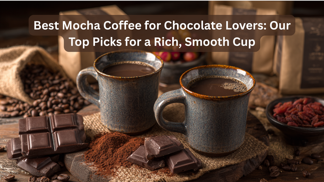 two cups of mocha coffee with assorted chocolate on a table