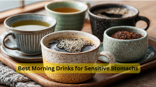 5 cups of morning hot drinks on a tray