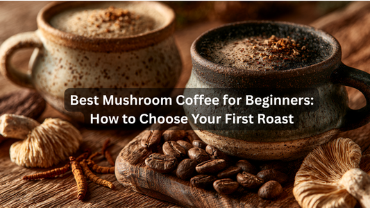 two cups of mushroom coffee with assorted ingredients beside them