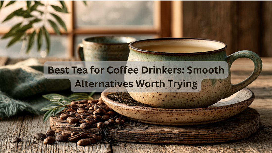 cup of tea and cup of coffee with coffee beans and roasted tea on a table