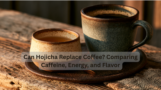 cup of hojicha tea and cup of coffee on a table