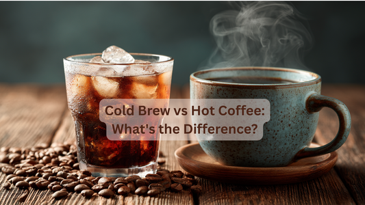 steaming cup of coffee and glass of cold brew