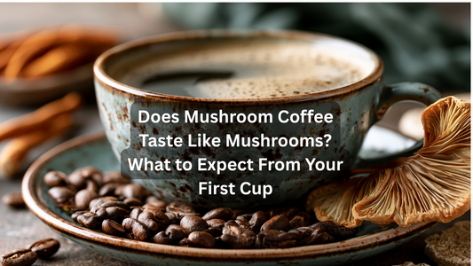 cup of mushroom coffee on a saucer with beans and mushroom