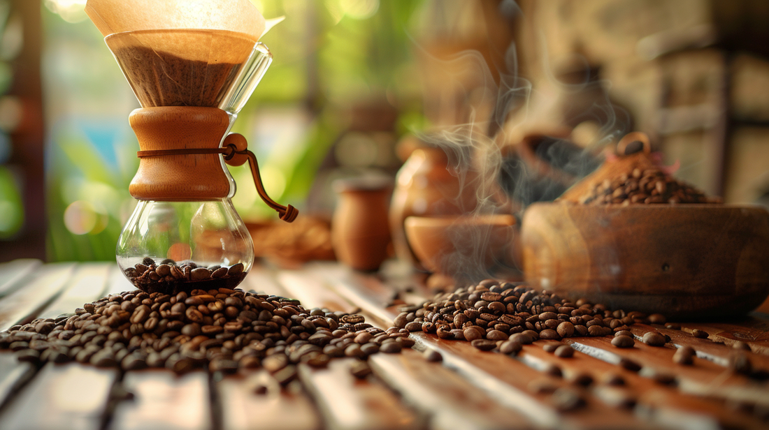 pour over coffee maker and beans