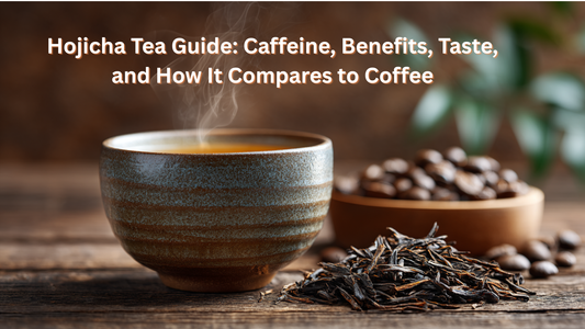 cup of hojicha tea and roasted coffee beans