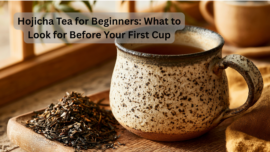 cup of hojicha tea with roasted tea in a pile by the cup