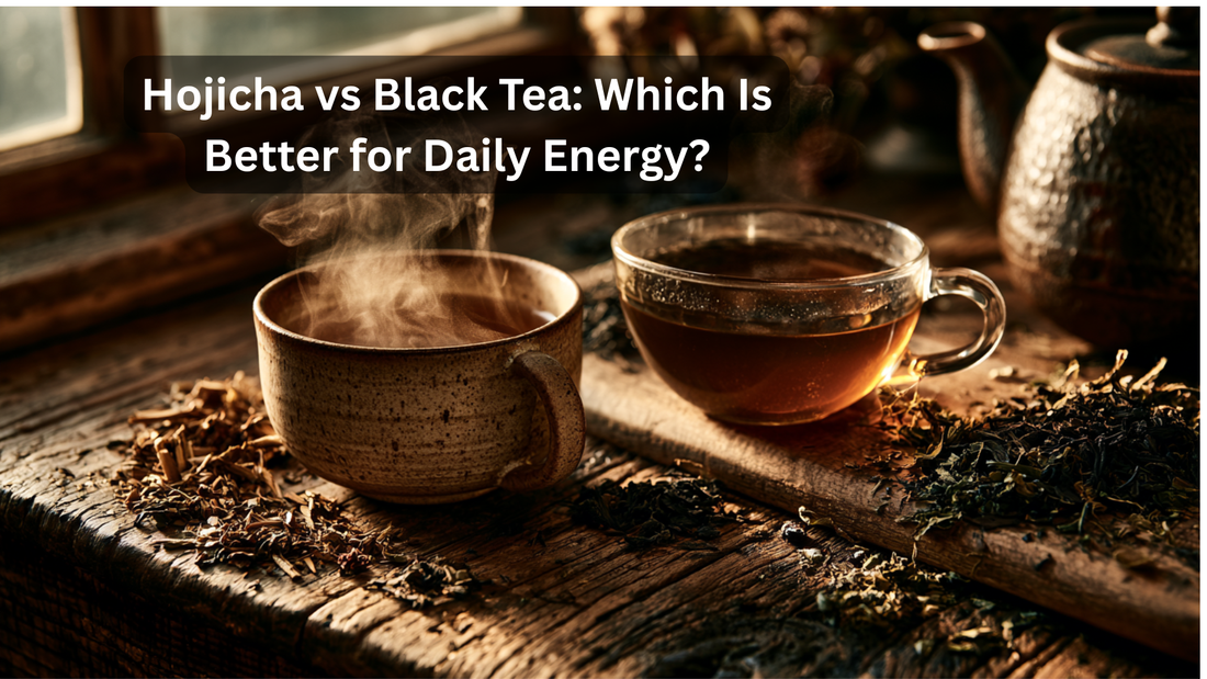 cup of black tea and cup of hojicha tea