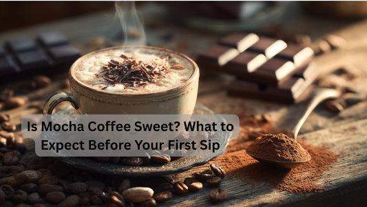cup of mocha coffee with chocolate and beans around the cup on a rustic table