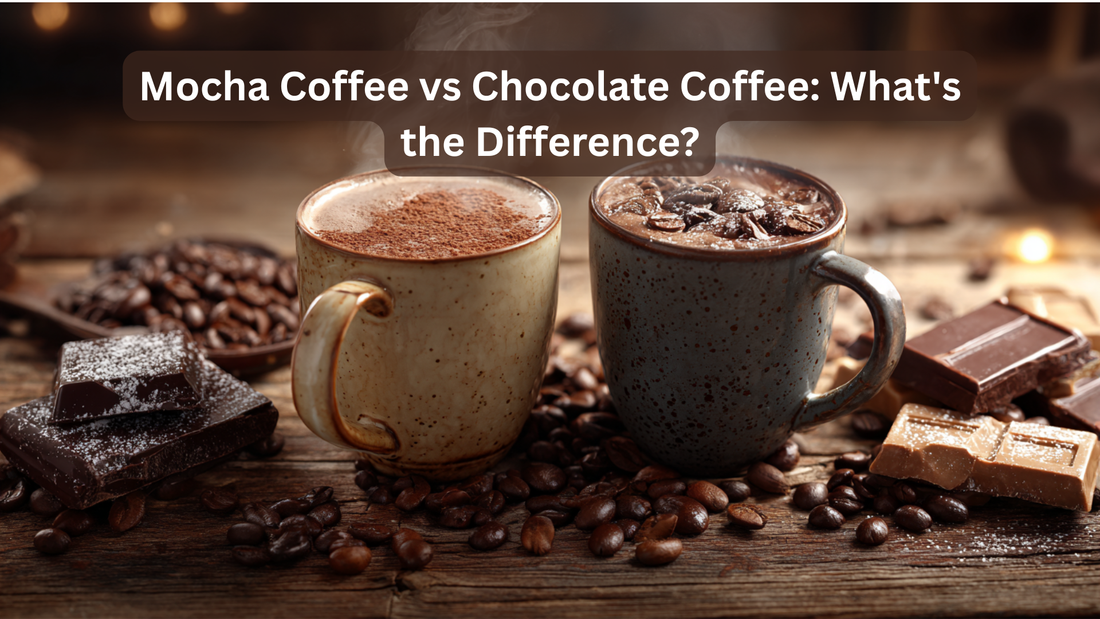 cup of mocha and cup of chocolate surrounded by chocolate on a table