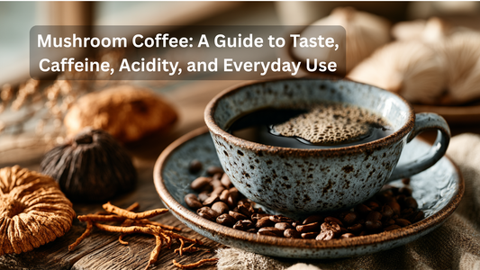 cup of mushroom coffee with assorted mushrooms close by