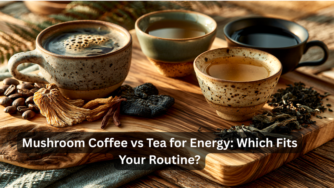 cup of mushroom coffee and 3 cups of tea with assorted flavoring surrounding