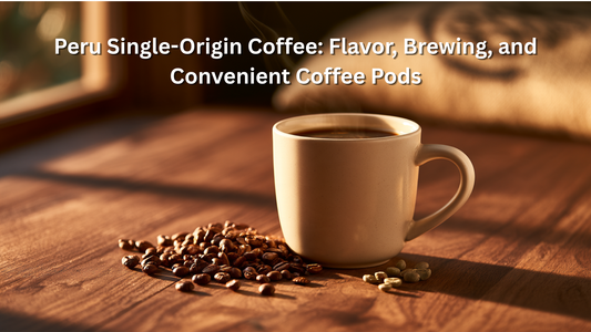 cup of Peru coffee on a table and coffee beans