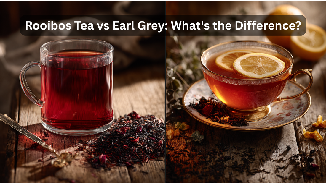 cup of rooibos and cup of earl grey on a table with dried tea beside them