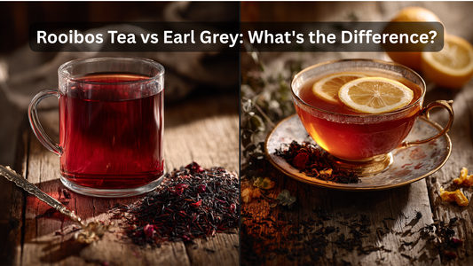cup of rooibos and cup of earl grey on a table with dried tea beside them