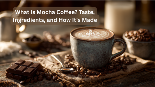 Freshly brewed mocha coffee with chocolate pieces and roasted coffee beans on a rustic wooden table.