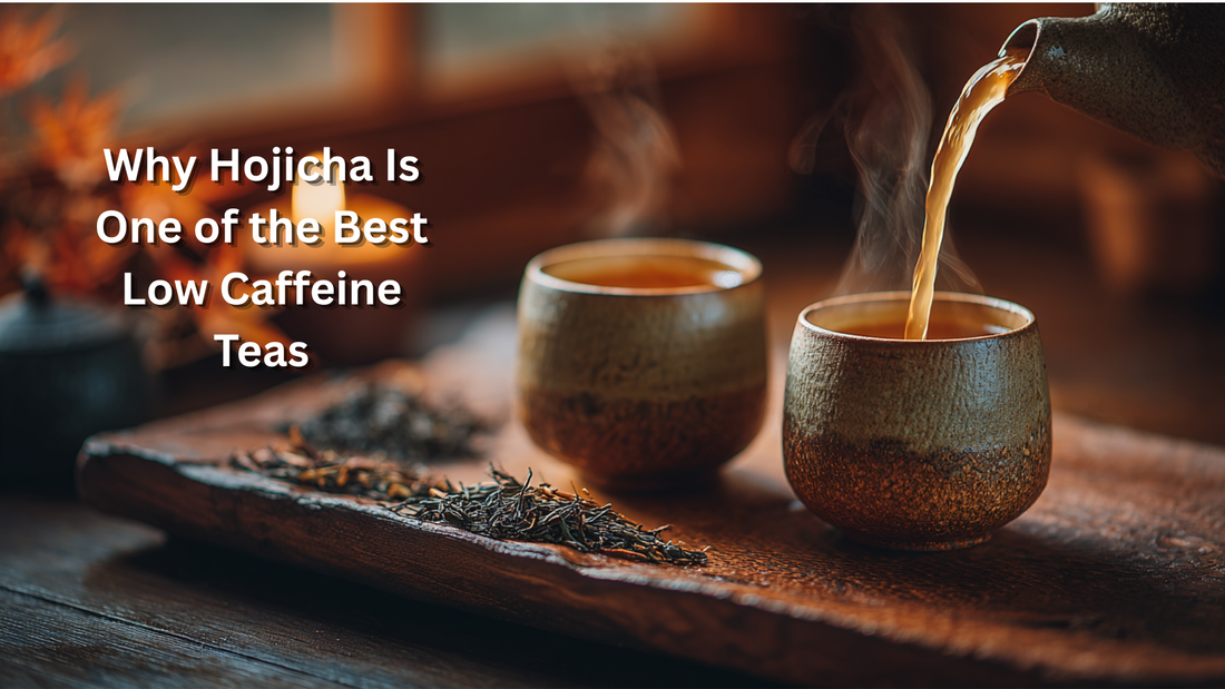 pouring hojicha tea into 2 cups