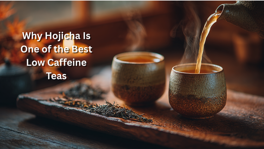 pouring hojicha tea into 2 cups