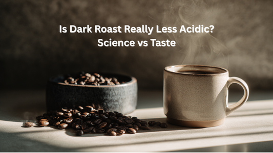 coffee beans and steaming cup on table