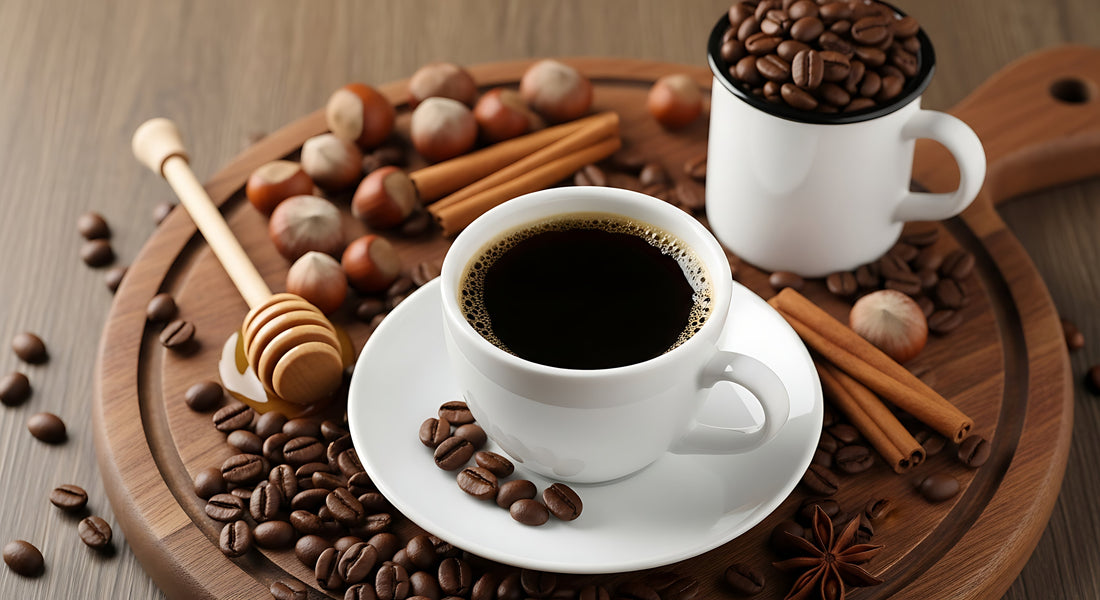 cup of coffee with beans and nuts